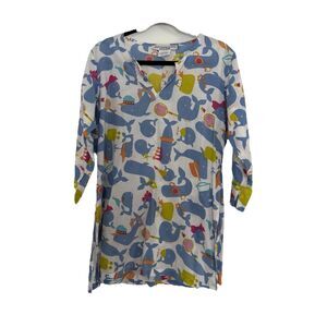 Gretchen Scott Designs Whale Print 100% Cotton Tunic Cover Up Size M